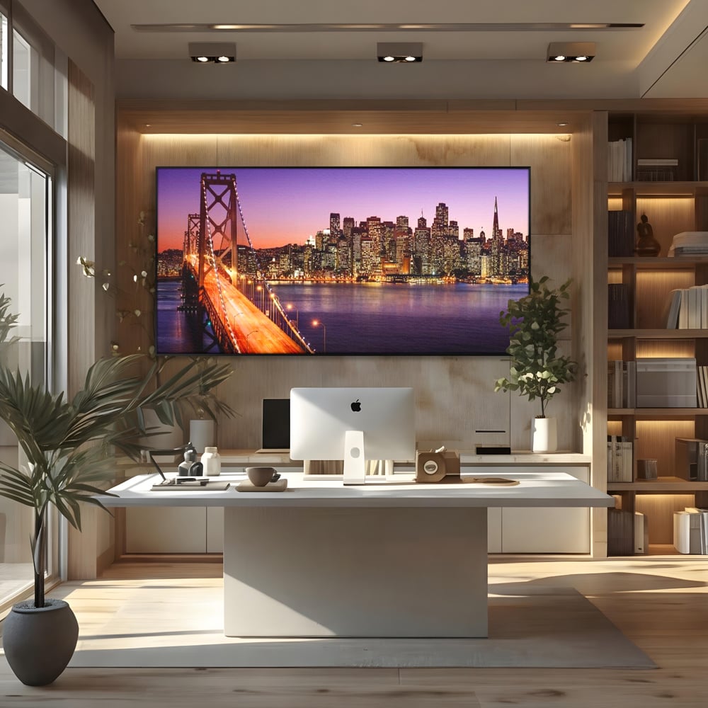 Tablou canvas cu tablou canvas cu podul si orasul san francisco noaptea, in rama de aluminiu negru, pe perete intr-un birou